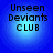 Four identical blue circular icons with gradient background display 'Unseen Deviants CLUB' text in black pixelated font.