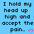 Blue background with repeated black text "I hold my head up high and accept the pain.." followed by pink heart symbols, partially cropped on the right side.