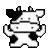 Pixelated cow icon with black-and-white patches stands against gray background, yellow 'moo' text repeats on blue right side.