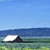 Pixelated landscape with blue sky, dark blue water, and greenish-yellow foreground featuring a white and dark shape on the left.