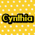 Yellow background with white polka dots, featuring 'Cynthia' text in yellow and black outline at top left, '<3' symbol on right, and 'you!' text below.
