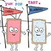 Two cartoon-style rectangular characters with limbs hold pennant flags; one pink, one light blue, both with brown borders and smiling faces.