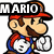 Pixel art of Mario with red cap, blue overalls, white gloves, brown mustache, and orange shirt, shown in three views with text overlays.