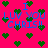 Pixelated image with bright pink background, blue text reading "I LUV YOU CHRIS!!" and scattered green heart shapes.