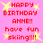 Pixelated birthday message with red text and yellow stars on pink background, repeated in four identical