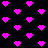 Pixelated pink hearts on black background with scattered heart fragments in lower-right quadrant.