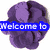A static image shows a purple flower with a blue banner reading 'Welcome to' and a red banner reading 'Amanda56' over a purple flower background.