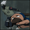 Animated sequence of two anime characters in motion against a dark gray background, one with white hair and a mask, the other with a blue headband and brown fur-like covering.