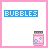 A 4x4 contact sheet of a pixel-art animated icon showing sequential frames of bubble-blowing from a pink container with blue bubbles and the word "BUBBLES" at the top.
