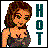 Pixelated image of a woman with brown hair wearing a dark top, standing next to vertical text reading HOT in blue-green pixels.