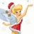Pixelated character in Santa hat and red dress with blue wings, arm raised, against white background with snowflakes, red text 'Merry Christmas, Tink!'