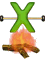 Green X-shaped icon with horizontal bar and black end caps above orange-yellow campfire on gray background.