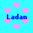 Pixelated blue background with scattered pink hearts and four instances of the text 'Ladan' in blue pixelated font.