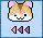 Pixelated hamster face with pink ears and brown-and-white fur, winking eye, smiling mouth, three left-pointing arrows below on light blue background.