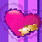 Animated contact sheet showing three frames of a pink heart-shaped icon with a cartoon bear inside, set against purple and white striped background.