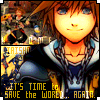 Animated sequence showing a character with spiky brown hair and blue eyes in a dark jacket over a blue shirt, against changing background scenes including action figures and text.