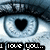 Pixelated eye with black heart-shaped pupil, blue-gray iris, and dark eyelashes; text "I love you..." in white block letters on black background below.