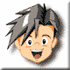 Four pixelated anime-style head views with gray spiky hair, showing distinct facial expressions including smiling, angry, crying, and laughing.