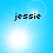 Pixelated text 'jessie' on a light blue background with bright white circular highlights and faint lens flare effects.