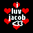 Pixelated red hearts surround white text reading 'i luv jacob' with a heart-eyes emoticon on black background.