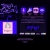 Pixelated digital artwork featuring a central blue-framed panel with light pink and gray tones, surrounded by dark purple and black elements including circular shapes and horizontal bars.