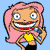 Pixelated cartoon character with pink hair, yellow top, and black shorts holding a blue phone, showing four distinct facial expressions against a light blue background.