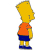 Pixelated character with yellow hair and orange shirt stands in profile facing right, wearing blue shorts and shoes on white background.