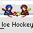 Pixel art of two hockey players on ice, one blue and red, the other red and yellow, with a puck between them.