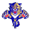 Animated 3D cartoon panther with blue and gold coloring, red eyes, white chest, and raised claws in a dynamic pose against gray background.