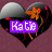 Heart-shaped icon with dark gray top, black bottom, and red accents; orange flower on right side; text changes from purple 'Katie' to green 'Harris' to cyan '99'.