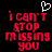 Pixelated red text on black background reads "i can't stop missing you" with a white heart symbol above the first line.