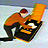 Pixelated figure in orange jacket and dark pants holding a large orange object, standing on a light blue and white background.