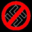 Red circular prohibition symbol with diagonal line over black background containing pixelated gray chain links.