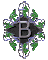 Six diamond-shaped icons arranged in two of three, each featuring a central black diamond with a silver 'B' and green leafy patterns on a gray background