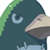 Pixelated static image of a cartoon bird-like character with green hair, large blue eyes, and a beige beak against a dark teal background.