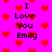 Pixelated pink background with red heart symbols and black text reading "I Love You Emily" in multiple positions.