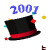 Animated sequence of a black top hat with red band, blue '2001' text above, and scattered confetti-like shapes in yellow, red, cyan.