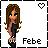 Pixel art contact sheet showing two frames of an animated buddy icon featuring a female character with long brown hair, blue eyes, and black clothing standing against white background with heart symbol.