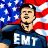 Pixelated static image of a person in an EMT uniform against an American flag background with visible dithering and blocky rendering artifacts.