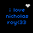 Blue pixelated text 'i love nicholas roy<33' on black background with white heart and starburst icons.