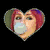 Heart-shaped and rectangular pixelated images of a person with red hair, blue headband, bubblegum mouth, and 'Dadiii' text on colorful background.