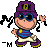 Pixelated cartoon character wearing purple cap with yellow emblem, blue sunglasses, striped shirt, and white pants against gray background.