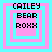 Four identical pixelated squares with cyan and pink borders display 'CAILEY BEAR ROXX' text in black block letters, each square containing nested rectangles of alternating colors.