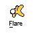 A contact sheet of 8 animated frames showing a yellow stick figure performing various running and flipping poses with white circular head, each labeled "Flare" below.