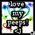 Animated icon with text 'love my peeps!' over a colorful background featuring green and blue swirls and small circular shapes.