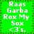 Green background with white pixelated text repeating 'Raas Garba Rox My Sox <3's.' in a pattern, bordered by dark green square pixels