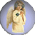 A circular icon with a light purple background shows an angelic figure in white robes holding a green gem, overlaid with partially visible magenta text.