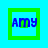 A 48x48 pixel animated buddy icon featuring the name "AMY" in blue text with green borders, displayed across three sampled frames of a contact sheet showing frame-to-frame animation changes.
