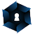 A blue and black pixelated icon with a white keyhole shape at its center, set against a light gray background.