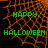 Green pixelated text 'HAPPY HALLOWEEN' on orange webbed background with black spaces, two identical side-by-side and one below